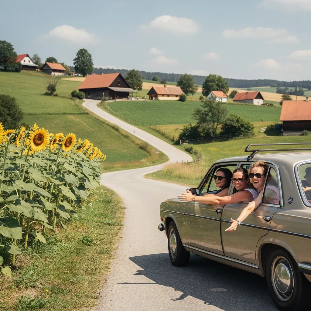 A vibrant landscape photo of a Slovakian village during the summer, featuring traditional architecture and blooming flowers.