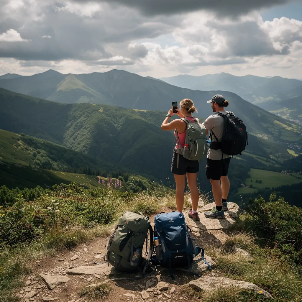 A vibrant photograph of a picturesque Slovak village surrounded by lush green hills during the summer season.